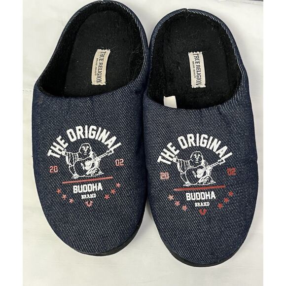 True Religion Mens Size‎ M 9-10 Black Blue Slip On Slippers Original Buddah - Picture 1 of 9